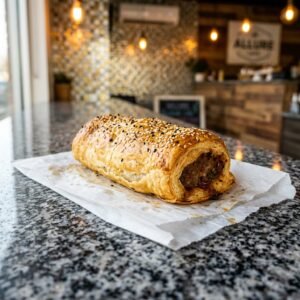 Beef Sausage Roll served at Allure Cafe Perth counter