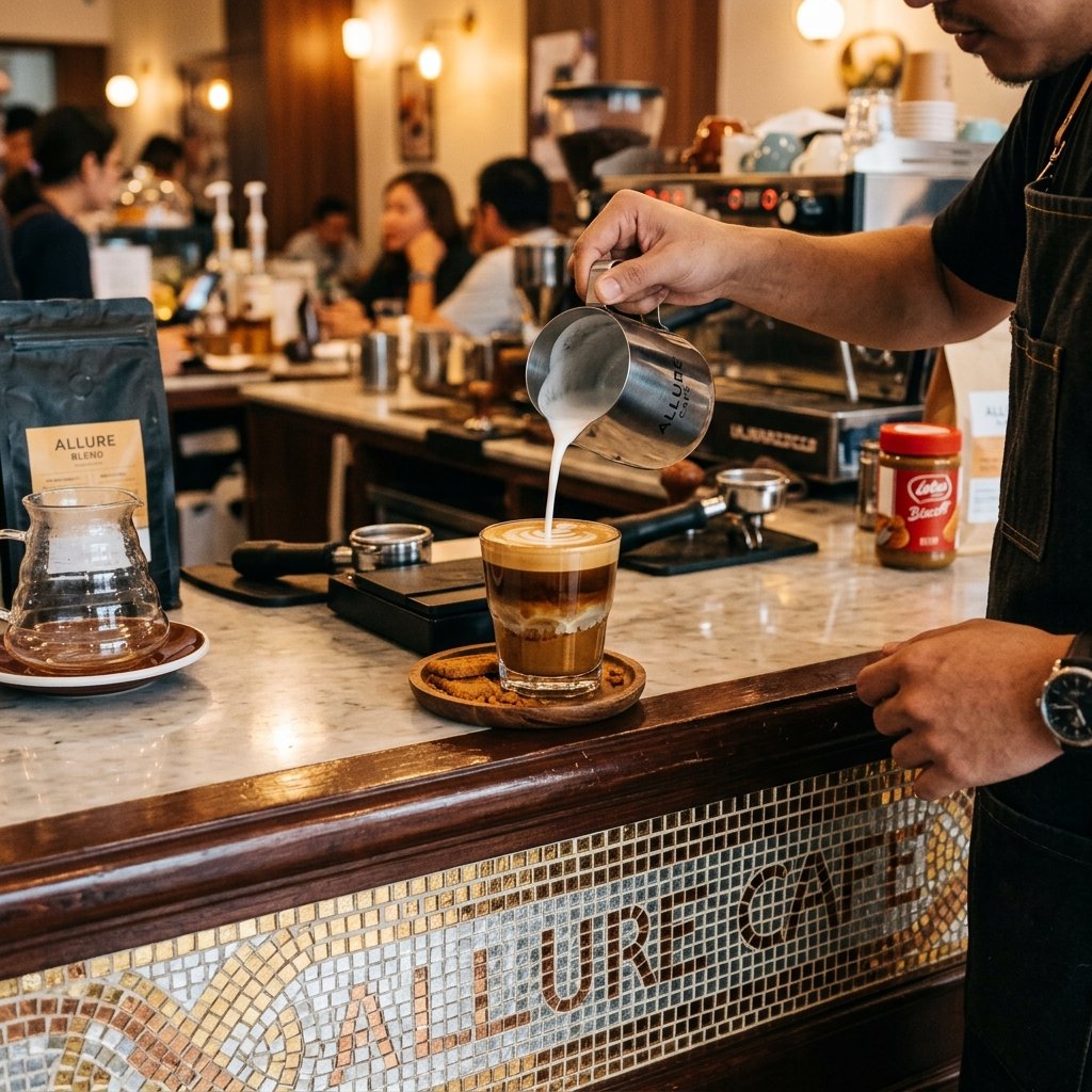 Biscoff Latte preparation process at Allure Cafe Perth counter