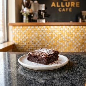 Chocolate Brownie (GF) served at Allure Cafe Perth counter