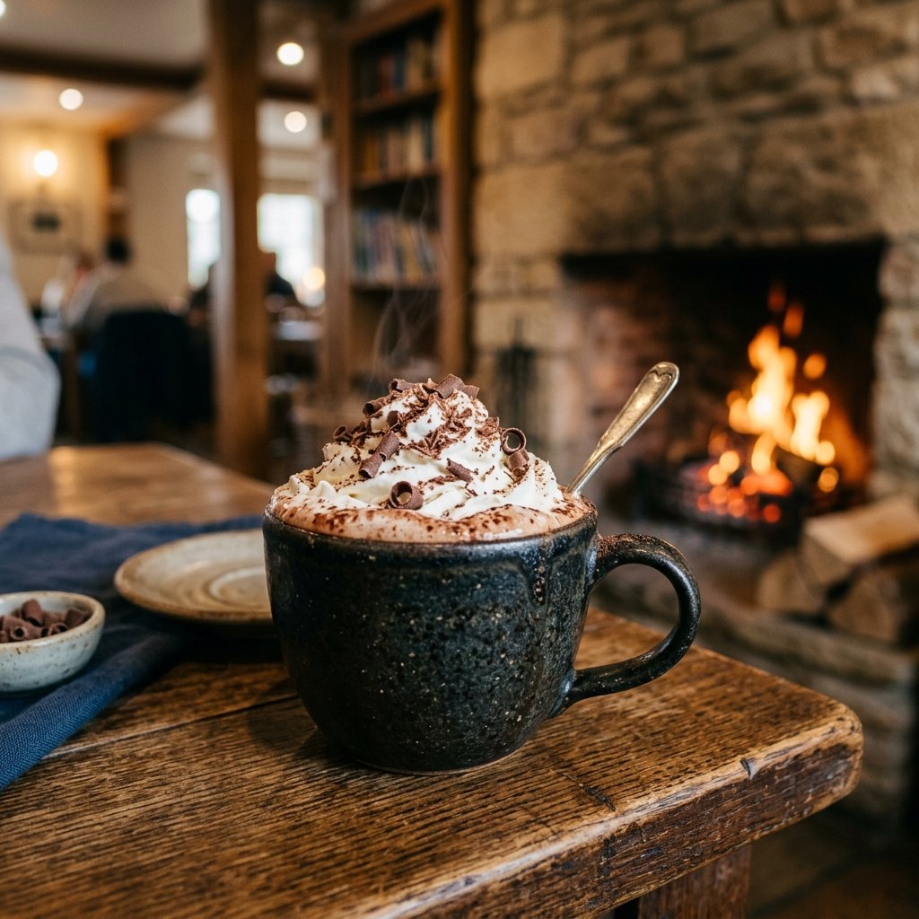 A freshly served cup of Hot Chocolate at Allure Cafe Perth table