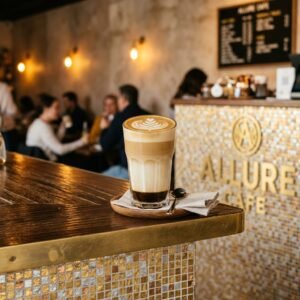 Latte served at Allure Cafe Perth counter