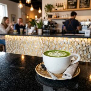 Matcha Latte served at Allure Cafe Perth counter