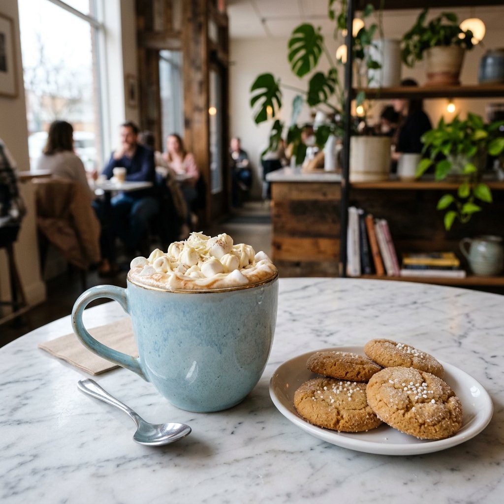 A freshly served cup of White Hot Chocolate at Allure Cafe Perth table